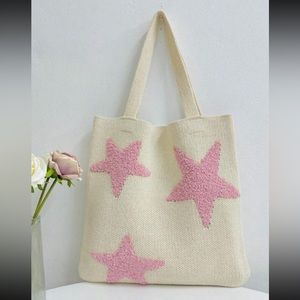 Cream Cable Knit Tote Bag Purse w Pink Star Design OS New